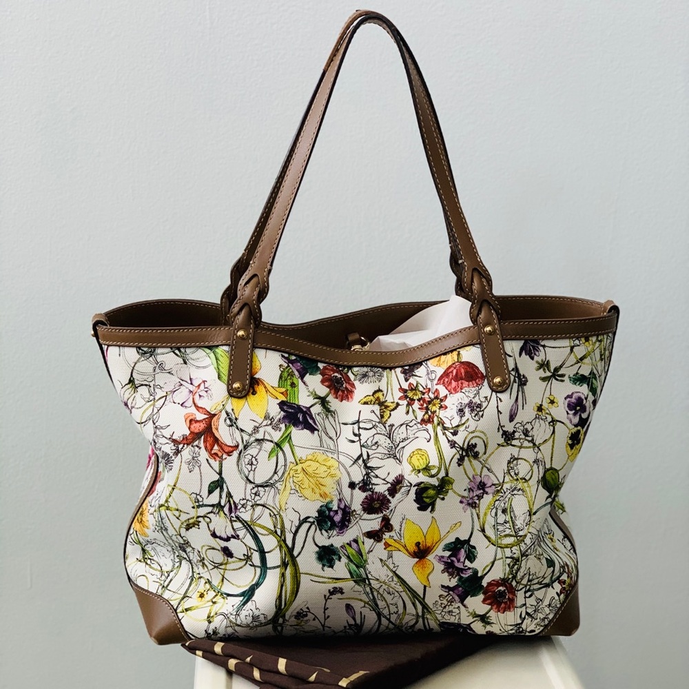 GUCCI Flora White Multi Tote Bag Canvas Leather LG